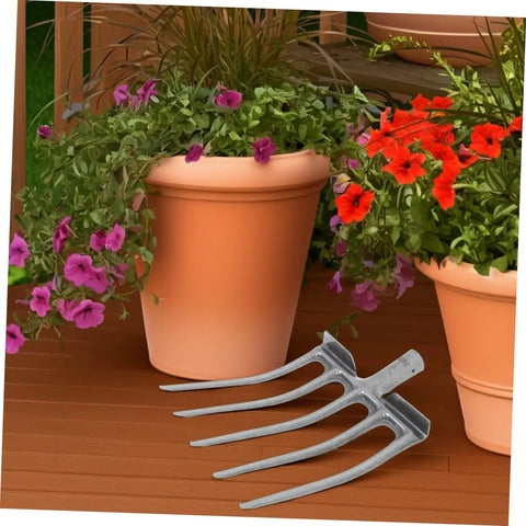 High-Performance Steel Soil Loosening Fork With Four-Tooth Design For Deep Soil Aeration shown next to potted flowers