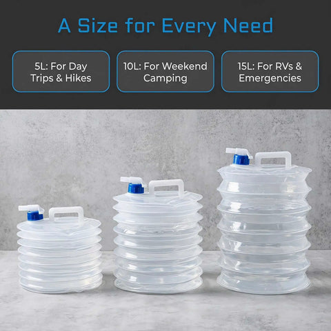 Three sizes of collapsible water containers with spigot, including 10L portable camping water jug for hiking and travel. Transparent plastic.