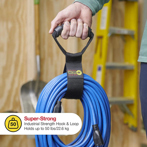 Person holding blue hose bundle with Wrap-It Storage Straps 17-Inch 2-Pack Heavy-Duty Hook And Loop Cord Carrier Hanger