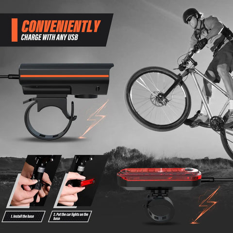 Rechargeable Bike Lights Bundle With Headlight And Taillight shown with mountain bike and USB charging feature