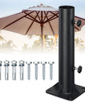 Ultra Stable Stainless Steel Umbrella Tube Base For Outdoor Deck Patio 0.68 To 1.81 Inch Tube Fit Heavy Duty Flag Pole Stake Holder Table Bracket DIY Mount Drainable Bottom 1 Pack shown with screws and patio umbrella