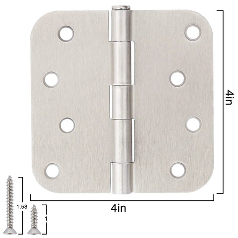 Three Pack Four Inch Brushed Nickel Door Hinges For Interior Cabinets Drawers And Furniture Featuring Smooth Roll Action Rounded Edge Build Heavy Duty Plain Bearing Hardware With Zero Hassle Setup 4-inch brushed nickel hinge with pre-drilled holes and screws.