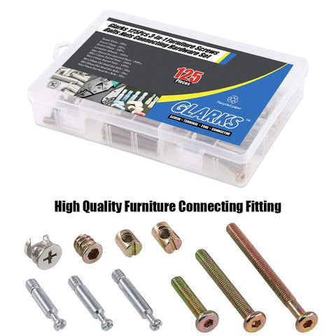 125-Piece 3-In-One Furniture Hardware Kit With Hex Socket Cap Screws Barrel Nuts Cam Fittings Dowels Hex Insert Nuts Kit Box