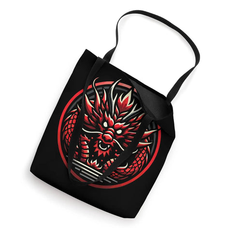 Racing Dragon Boat Festival Tote Bag for Fans and Teams with bold dragon artwork, black polyester, sturdy black handles, 16x16 inch.