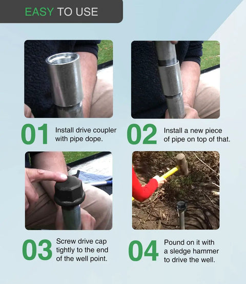 1 1/4 Inch Galvanized Well Point Drive Coupling With Female Thread, Heavy Duty Connector For 1 1/4 Pipe, Replacement For Drcoup125, Secure Quick Connect, Leak Proof Fit, Durable Metal Coupler For DIY And Pro Well Point Work, shown during install