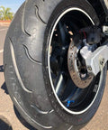 Motorcycle wheel with Angled Valve Stem Set With Pre Applied Threadlocker Nut Forged Aluminum Construction 0.357 Inch (8.3mm) Size Blue Finish Easy Inflation And Tire Pressure Check 2 Pack Fits Standard Rim Openings installed