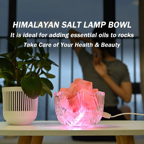 USB Himalayan Salt Lamp Bowl With Natural Crystal Chunks, 16 Colors And 4 Light Modes, USB Powered LED Remote on table