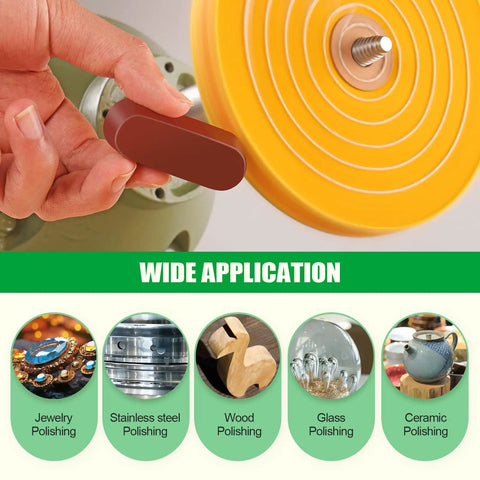 Hand using brown polishing compound on yellow wheel for Six Piece Bench Grinder Polishing Wheels Set With Premium Tripoli Rouge And White Compound Fits Five Eighth Arbor Spindle For Slick Metal Jewelry Mirror Finish Heavy Duty No Hassle Workhorse Setup.