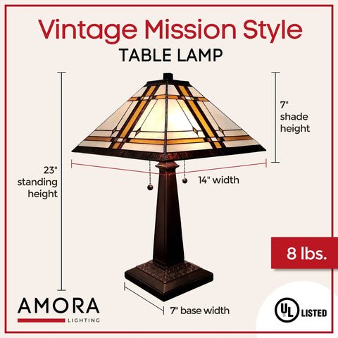 Vintage Tiffany Style Table Lamp With Stained Glass Shade 23 Inch Nightstand Light For Living Room Warm Brown Glass