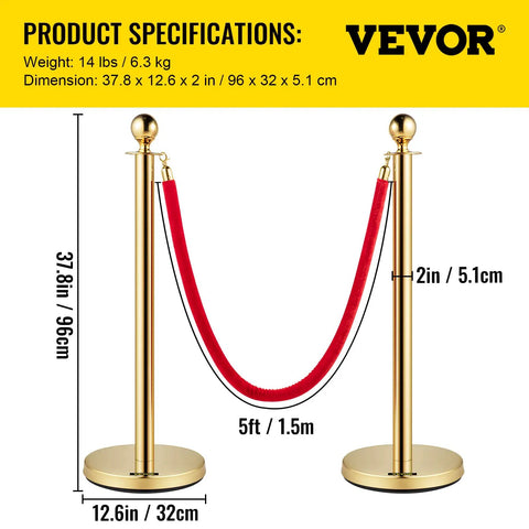 Velvet Rope Stanchion Set With Gold Posts And Ball Tops, 4 Piece Crowd Control Barriers with product dimensions labeled