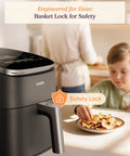 Six Quart Nine In One Air Fryer With Pfas Free Ceramic Basket And Fast Air Technology showcasing basket lock safety feature.