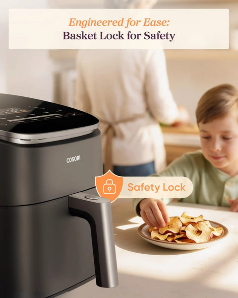 Six Quart Nine In One Air Fryer With Pfas Free Ceramic Basket And Fast Air Technology showcasing basket lock safety feature.
