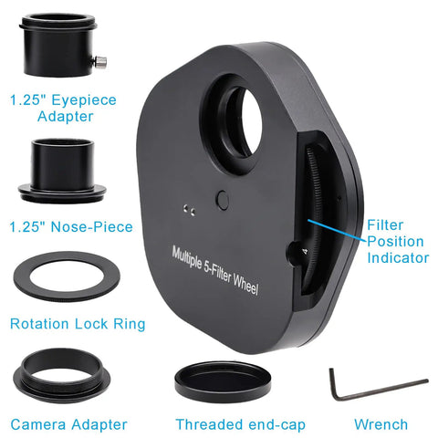 Five Position One Point Two Five Inch Filter Wheel For Telescope With Manual Drawer And Rotation Lock Ring Includes Eyepiece Adapter And Camera Adapter displayed with components