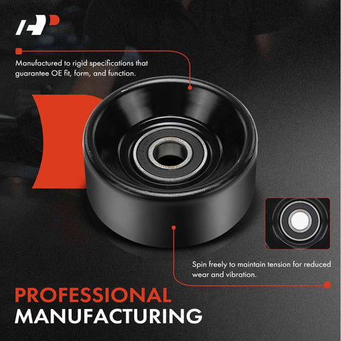 A-Premium belt idler pulley, black metal with center bearing, front view.
