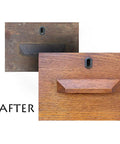 Before and after of wood cabinet restored using All In One Wood Care Kit With Furniture Polish, Wood Wax, Clean And Restore.
