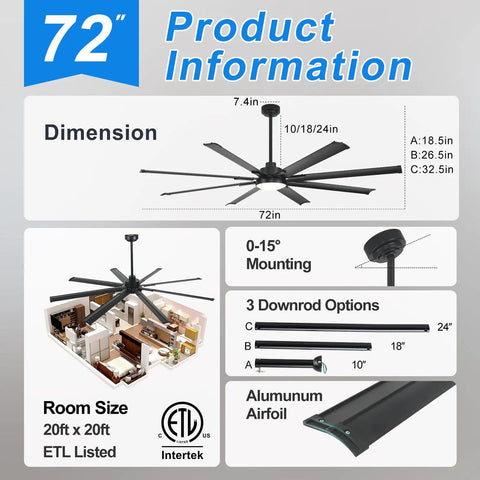 Diagram of Beefy 72 Inch Ceiling Fan With Light, Industrial Style, showing dimensions and installation details