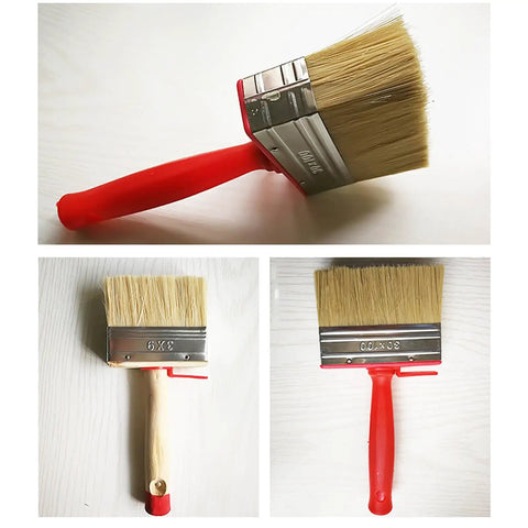 Four Piece Stain Applicator Set with natural bristles and rustproof ferrules, featuring ergonomic handles and hanging hole for storage.