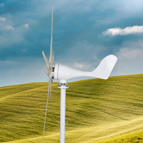Side view of Kickass Wind Turbine Kit 1200W 12V With 5 Blades For Home And Industrial Use installed outdoors against a green landscape.