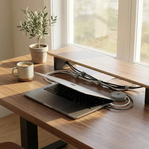 Adjustable Reusable 5M Hook and Loop Cable Ties for Quick Cord Management securing cables behind a desk with laptop and mug.