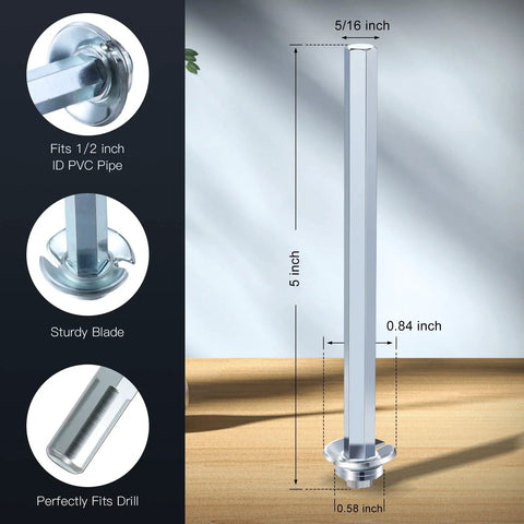 PVC Pipe Reamer For Half Inch Fittings, Drill Driven Reaming Tool With Inside Cutter And Hub Remover showing dimensions and details.