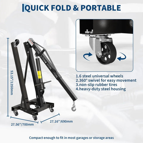 Heavy Duty Folding Hydraulic Engine Hoist And Underhoist Support Stand Combo Two Ton Adjustable Boom with steel wheels and steel housing.