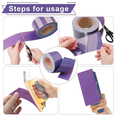 Steps for using Top Tier PSA Purple Ceramic Sandpaper Roll For Longboard And Auto Detailing Jobs With 180 Grit Precision Grip.