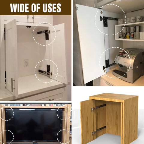 Image shows 16 Inch Pocket Door Hardware Slides Heavy Duty Sliding Door Kit With Pivot Hinge For Cabinet And Wardrobe Ultra Quiet Space Saving Hidden Design With Smooth Glide For Inset Doors Set 1 installed in various cabinets and media center.