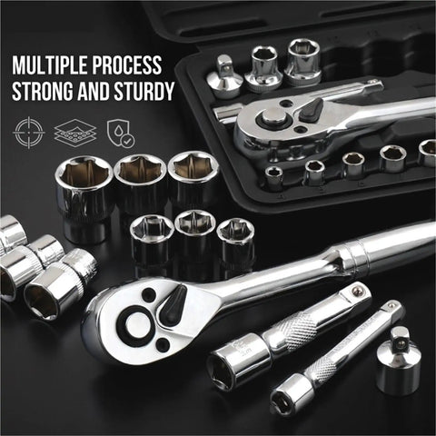 Heavy Duty Chrome Vanadium Socket Set With One Quarter And Three Eighth Inch Drive Wrenches, 46 Piece And 22 Piece Kits