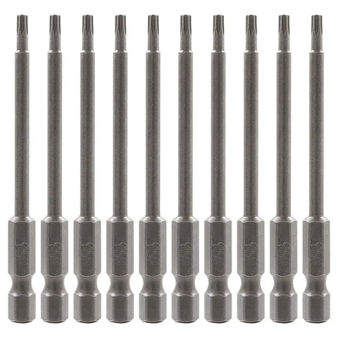 Top Shelf T10 Security Torx Screwdriver Bits Set 10 Piece Magnetic S2 Steel Driver Bits With Quarter Inch Hex Shank displayed in a row.