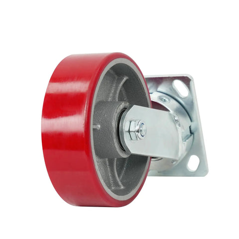 Six Inch Kingpinless Polyurethane Swivel Caster With Reinforced Steel Core 1500 Pound Heavy Duty Rating showing red poly wheel and metal bracket.