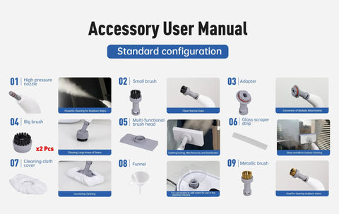 Accessory user manual showing components of No Fuss Heavy Duty Handheld Steam Cleaner 10 In 1 Slick Multipurpose Steam Weapon.