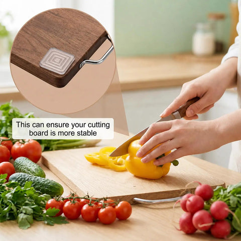 Non Slip Cutting Board Feet Set 8 Pack 1.6 Inch Self Adhesive Silicone Pads shown stabilizing wooden cutting board with vegetables