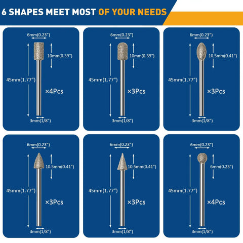 Set of varied shapes in 20 Pcs 120 Grit Diamond Grinding Bits For Stone And Glass Engraving And Polishing with dimensions.
