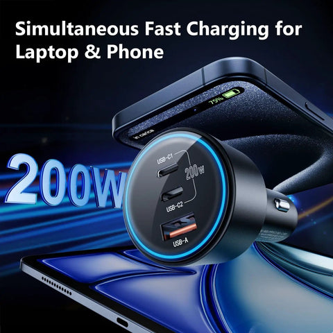 Beast 200W USB-C Car Charger with Dual 100W Type-C Ports and USB-A 60W PD3.0 QC4.0 PPS Fast Car Lighter Adapter displayed charging devices