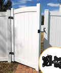Built Tough Heavy Duty Self Closing Gate Hinges Kit for Vinyl and Wooden Fences, 90 Degree Adjustable Swing, No Weld Black Finish, Includes Swing Adjuster Tool and Self Tapping Screws, 4 Pack installed on white vinyl fence