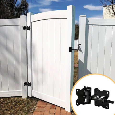 Built Tough Heavy Duty Self Closing Gate Hinges Kit for Vinyl and Wooden Fences, 90 Degree Adjustable Swing, No Weld Black Finish, Includes Swing Adjuster Tool and Self Tapping Screws, 4 Pack installed on white vinyl fence