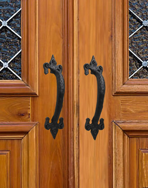 7 Inch Barn Door Handles Pack Of 2 Black Cast Iron Rustic Hardware FDL Design installed on wooden doors