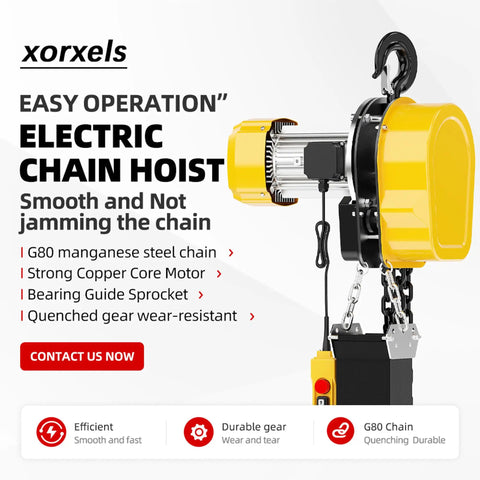 Heavy Duty 1 Ton Electric Chain Hoist, 2200 LBS Beast Mode Lifter With Wireless Remote And 20 Ft Pendant, showing yellow motor and steel chain.