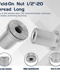 Heavy Duty Beefy Extended Barrel Weld On Nut 2 Pack With Half Inch 20 Thread Built Tough For Chassis Mounting Fastener Crafted From Rugged Low Carbon Steel close-up showing the CNC machined threaded design.