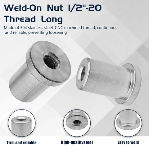 Heavy Duty Beefy Extended Barrel Weld On Nut 2 Pack With Half Inch 20 Thread Built Tough For Chassis Mounting Fastener Crafted From Rugged Low Carbon Steel close-up showing the CNC machined threaded design.