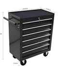 Heavy Duty Rolling Tool Chest With Six Roomy Drawers, showing dimensions and sleek black design for garage organization.