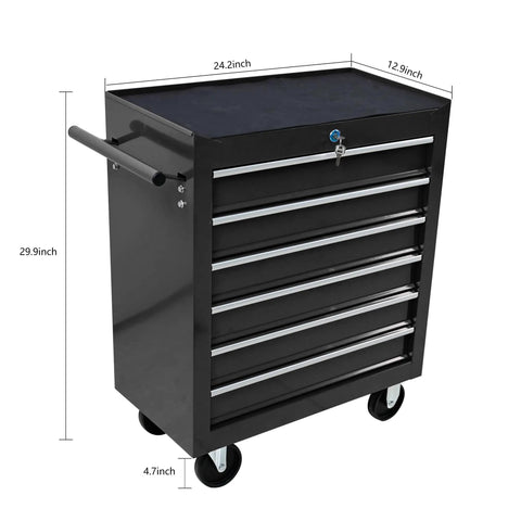 Heavy Duty Rolling Tool Chest With Six Roomy Drawers, showing dimensions and sleek black design for garage organization.