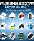 Collage showing applications of 12V 5000mAh Rechargeable Lithium Ion Battery Pack with 2A Fast Charger for various devices.