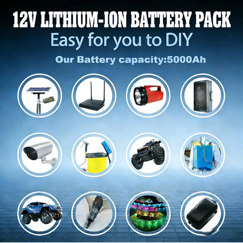 Collage showing applications of 12V 5000mAh Rechargeable Lithium Ion Battery Pack with 2A Fast Charger for various devices.