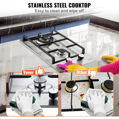Gas Cooktop 12 Inch Two Burner Built In Stainless Steel Stove Top With 12250 BTU Max Dual Fuel Convertible LPG NG Hob shown being cleaned