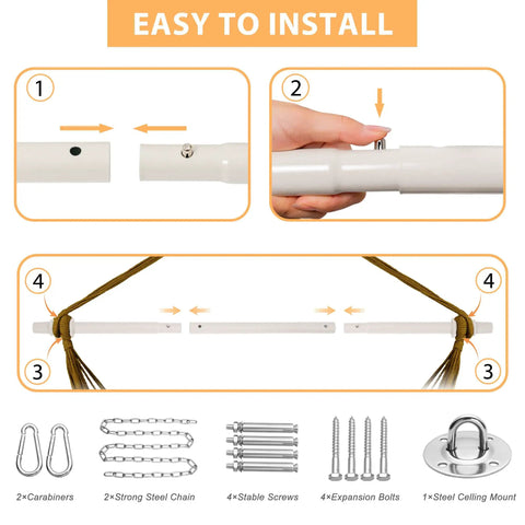 Installation guide for Caribbean Style Rope Hammock Chair With 40 Inch Steel Spreader Bar And Anti Slip Rings; includes hardware