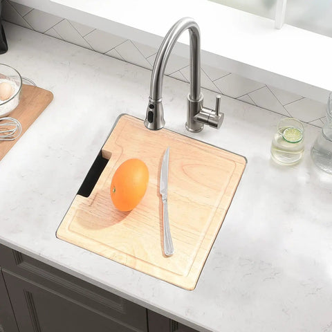 Undermount Workstation Kitchen Sink With Built In Accessories 15x19 Inch Single Bowl 16 Gauge Stainless Steel 10 Inch Deep Handmade With Cutting Board And Strainer For Bar Prep And Everyday Meal Prep showing cutting board setup with orange and knife