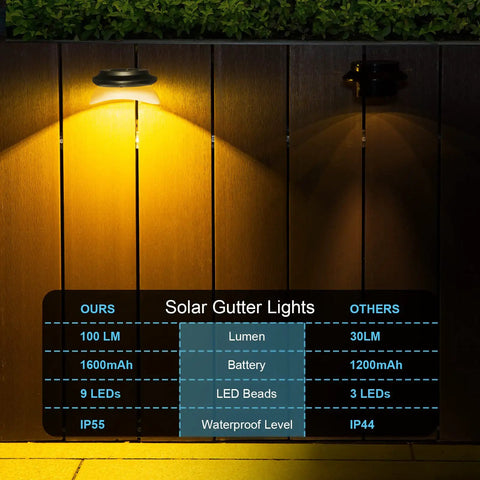Solar Fence Lights Six Pack With 9 LED Warm White Outdoor Waterproof UFO Design illuminated on wooden fence, IP55 waterproof.