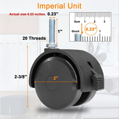 Swivel Stem Casters With Locking Brakes For Furniture And Shelves 2 Inch Black showing dimensions and thread specifications