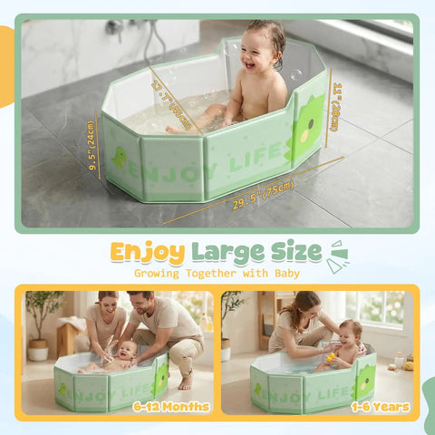 No Sweat Portable Folding Toddler Bathtub Equipped With Reliable Temperature Indicator Sticker And Swift Side Drain Valve For Effortless Rinsing And Compact Home Use, 29.5x17.7x9.5 in, with child enjoying bath.